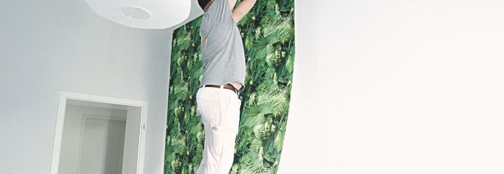Mann auf Leiter bringt Mustertapete an Wand an